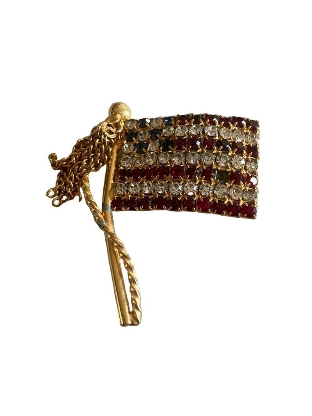 Vintage Rhinestone Flag Pole Brooch Pin with Hanging Chain